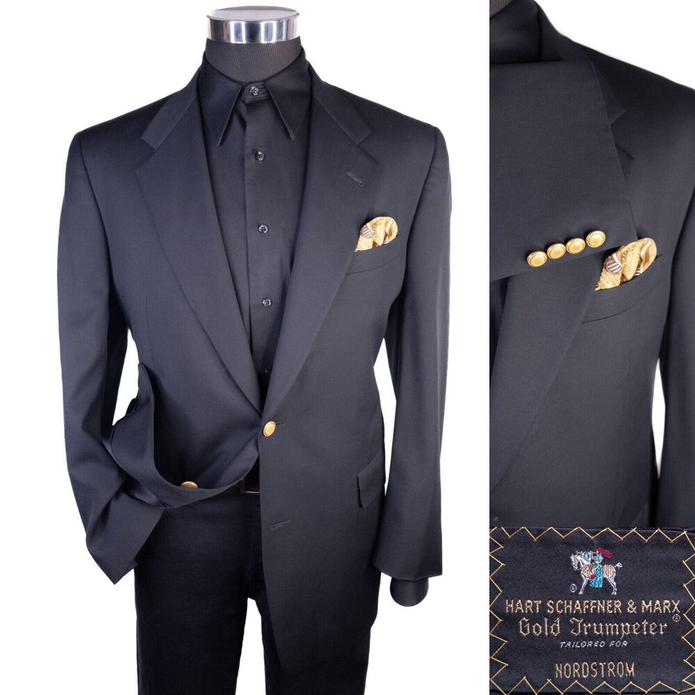 Hart Schaffner Marx Blazer 42R Solid Black Gold Buttons Wool Sport Coat Jacket